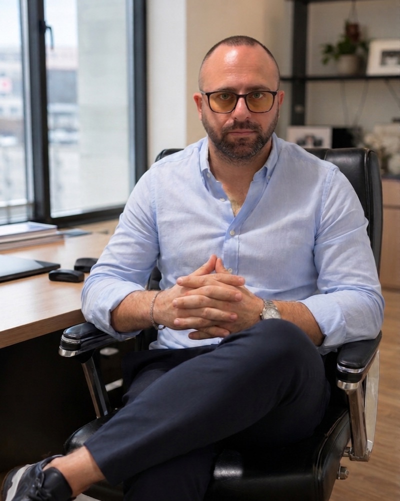 Luca Infantino, consulente aziendale, seduto alla scrivania del suo ufficio
